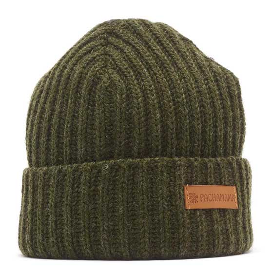 Merino wool fisherman beanie in moss green by Pachamama Knitwear product photo front L