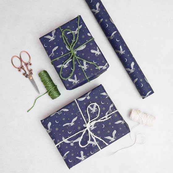 Moonlit Owl recycled wrapping paper, 5 metres, navy product photo default L