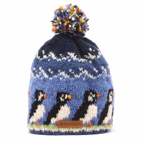 Puffin wool bobble hat by Pachamama Knitwear product photo side L