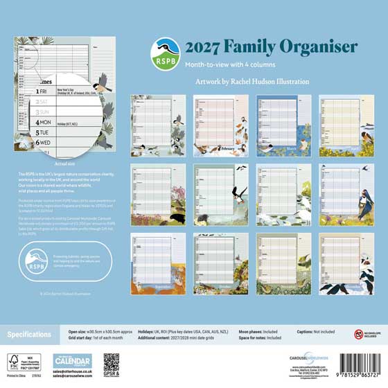 RSPB Family organiser calendar 2027 product photo back L