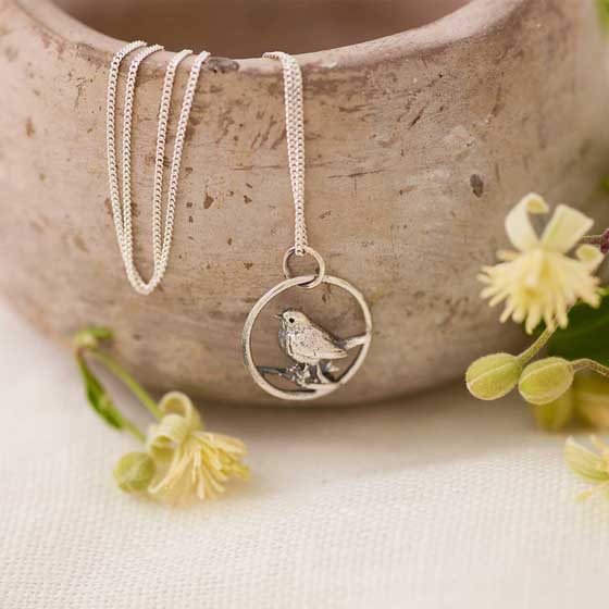 Robin in hoop necklace, sterling silver by Blackbird Jewellery product photo side L